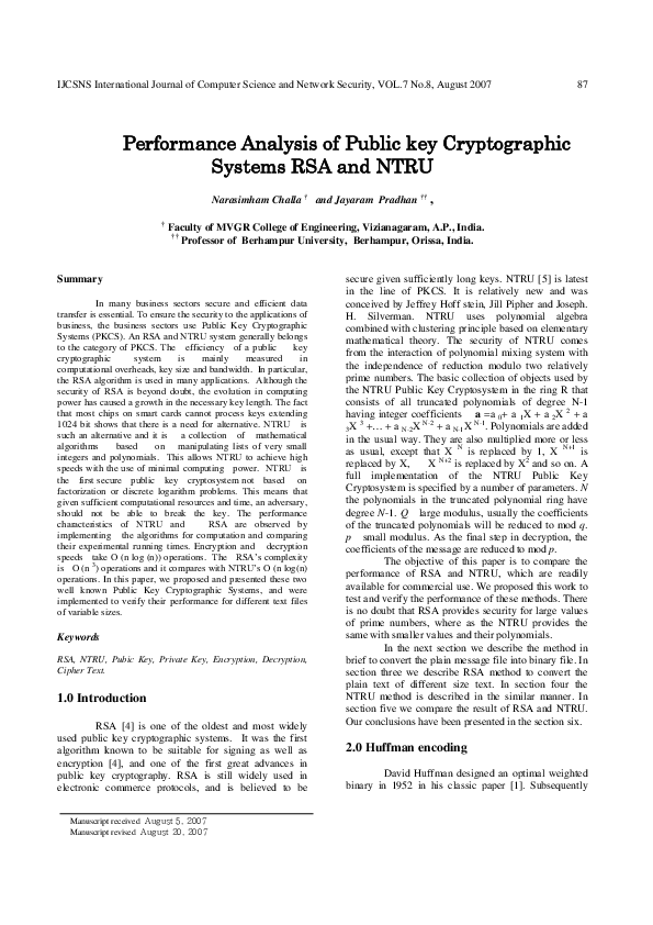 (PDF) Performance Analysis of Public key Cryptographic Systems RSA and NTRU