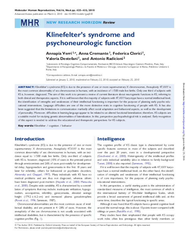 (PDF) Klinefelter's syndrome and psychoneurologic function