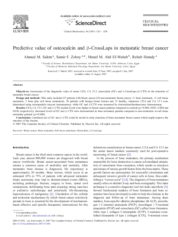 (PDF) Predictive value of osteocalcin and beta-CrossLaps in metastatic ...