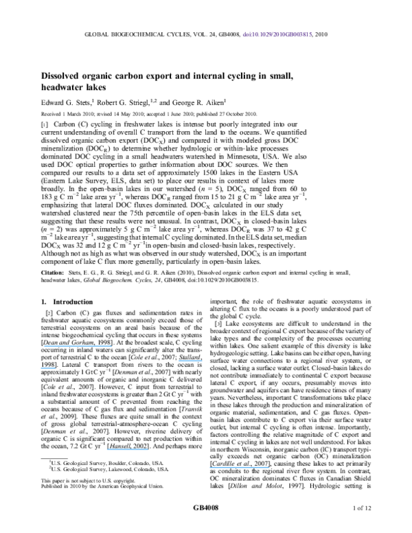 (PDF) Dissolved organic carbon export and internal cycling in small ...