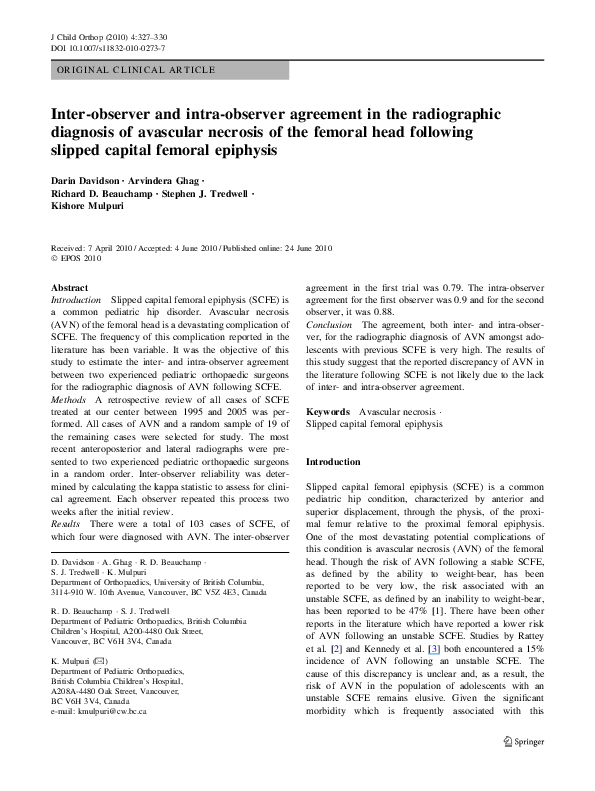 (PDF) Inter-observer and intra-observer agreement in the radiographic ...