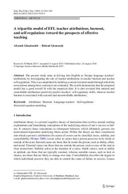 A tripartite model of EFL teacher attributions, burnout, and self ...