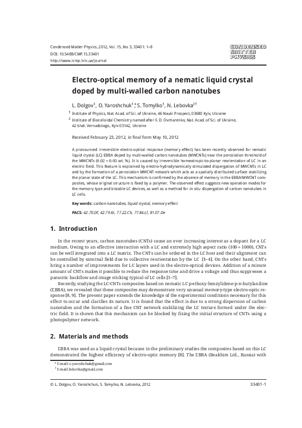 (PDF) Electro-optical memory of a nematic liquid crystal doped by multi ...
