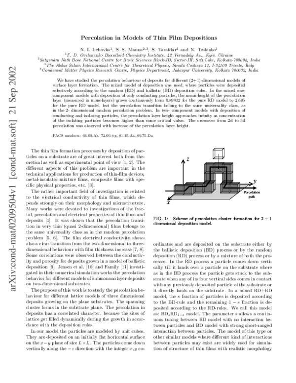 (PDF) Percolation in models of thin film depositions