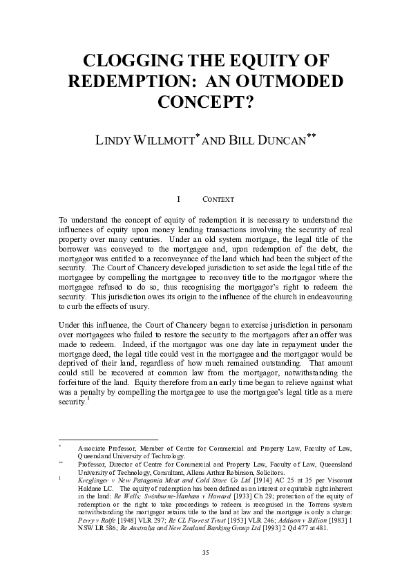 Pdf Clogging The Equity Of Redemption An Outmoded Concept Lindy Willmott Academia Edu