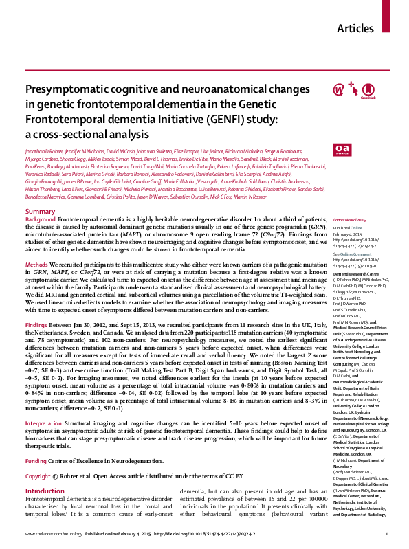 (PDF) Presymptomatic cognitive and neuroanatomical changes in genetic ...