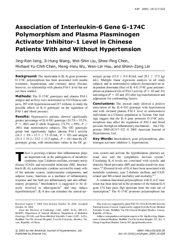 (PDF) Association of interleukin-6 gene G-174C polymorphism and plasma ...