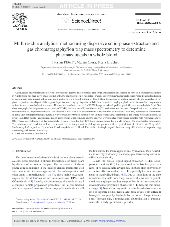 (PDF) Multiresidue analytical method using dispersive solidphase extraction and gas