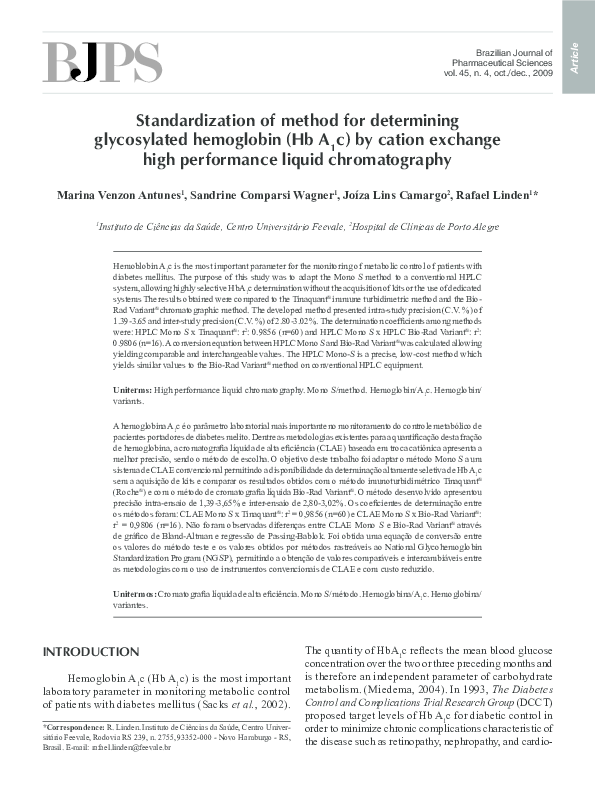 (PDF) Standardization of method for determining glycosylated hemoglobin