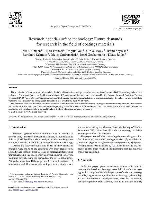 (PDF) Research agenda surface technology Future demands for research