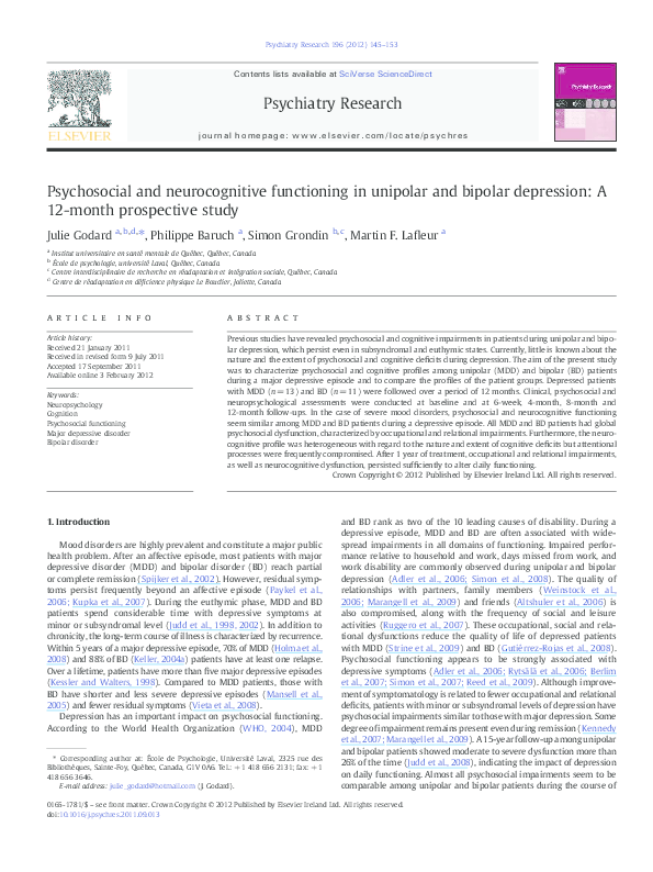 (PDF) Psychosocial and neurocognitive functioning in unipolar and ...