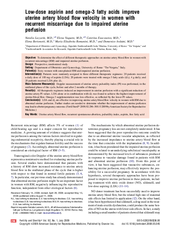 (PDF) Lowdose aspirin and omega3 fatty acids improve uterine artery