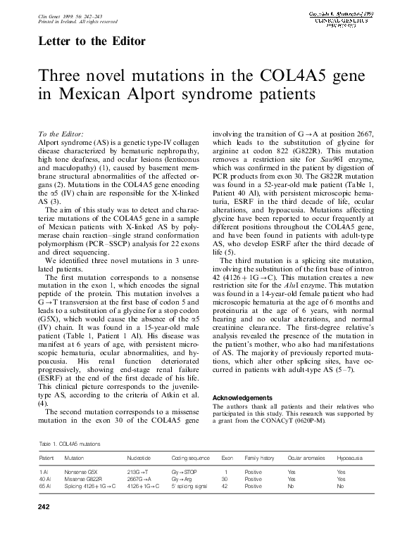 (PDF) Three novel mutations in the COL4A5 gene in Mexican Alport ...