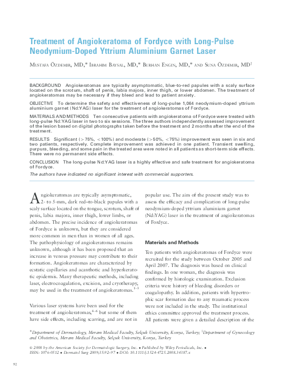 (PDF) Treatment of Angiokeratoma of Fordyce with LongPulse Neodymium