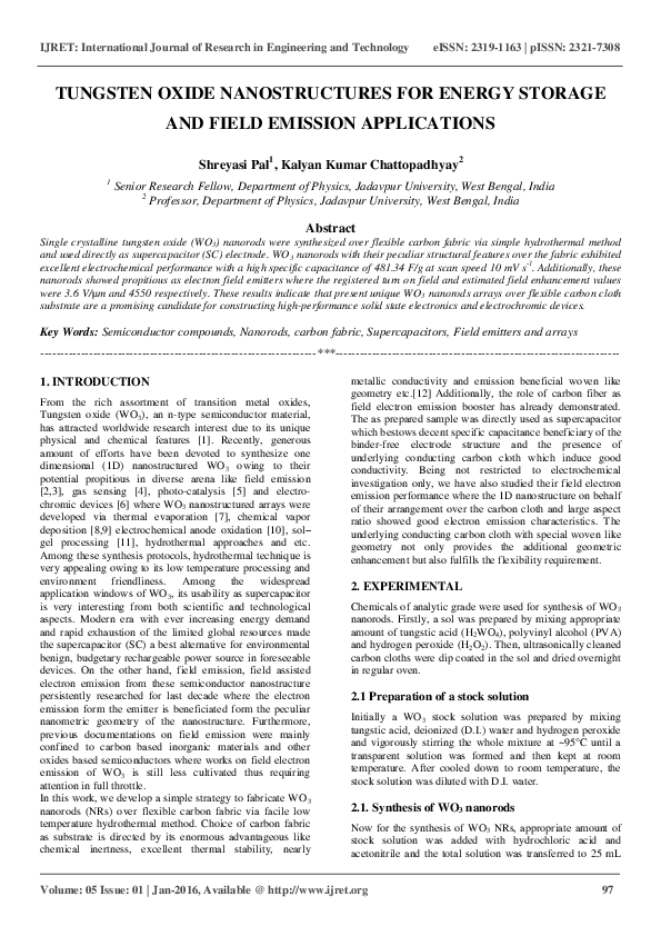 (PDF) TUNGSTEN OXIDE NANOSTRUCTURES FOR ENERGY STORAGE AND FIELD EMISSION APPLICATIONS eSAT