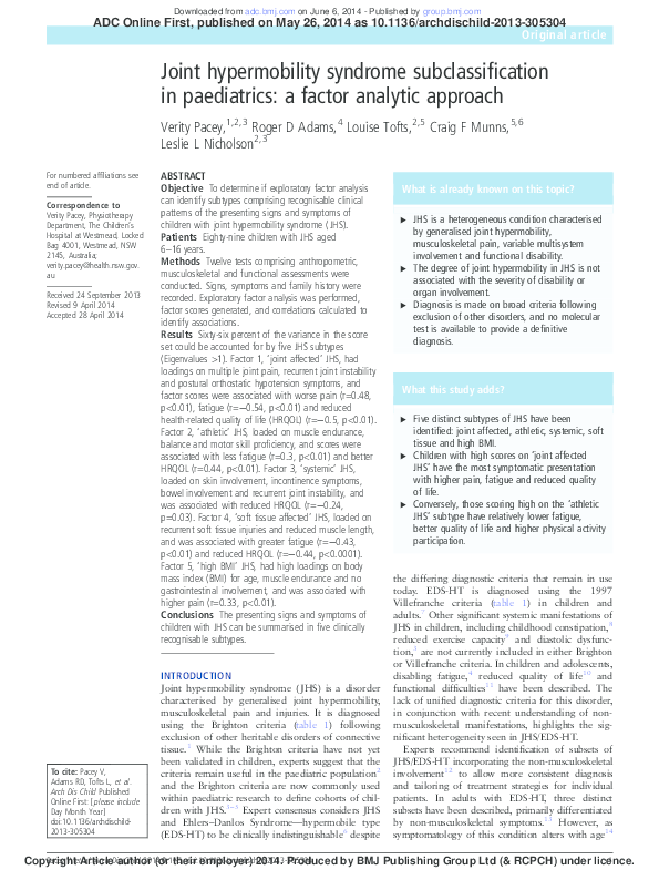 (PDF) Joint hypermobility syndrome subclassification in paediatrics: a ...