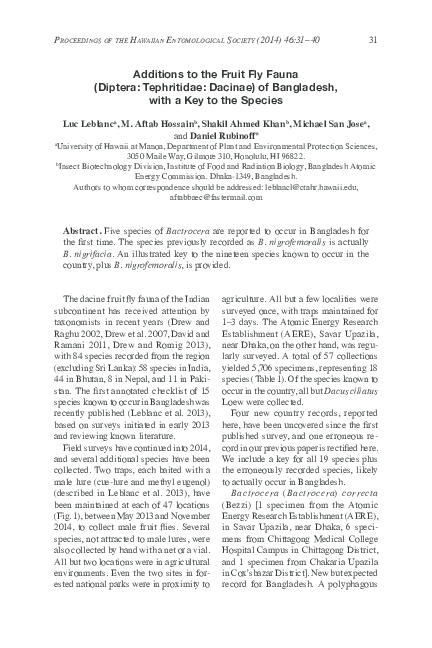 Additions To The Fruit Fly Fauna  Diptera: Tephritidae: Dacinae  Of Bangladesh, With A Key To The Species