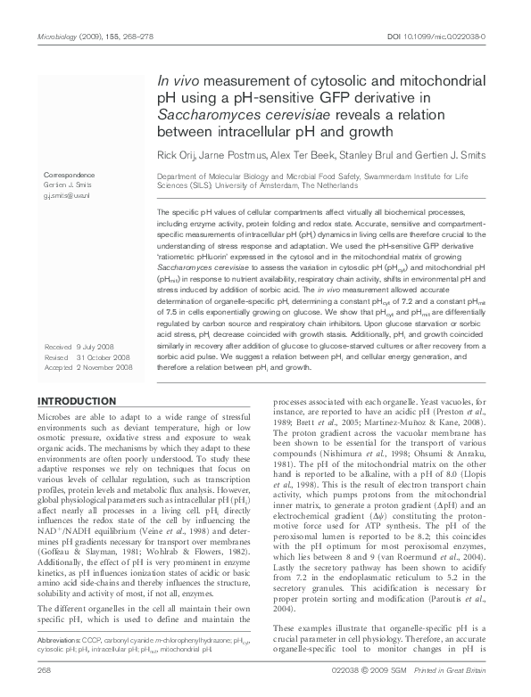 (PDF) In vivo measurement of cytosolic and mitochondrial pH using a pH ...