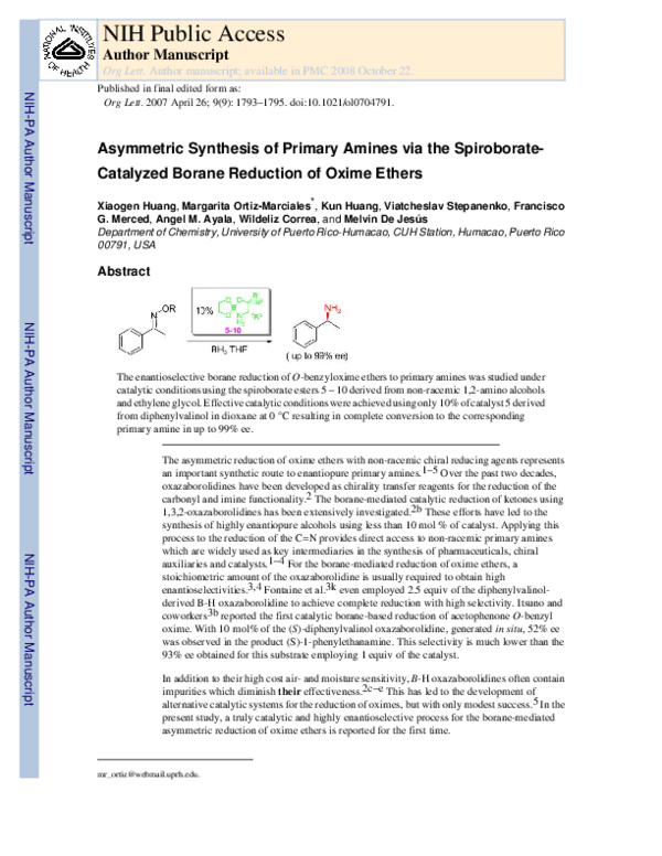(PDF) Asymmetric Synthesis of Primary Amines via the Spiroborate ...