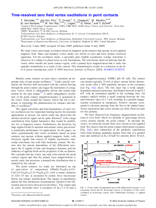 (PDF) Time-resolved zero field vortex oscillations in point contacts