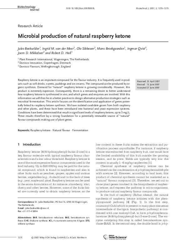 (PDF) Microbial production of natural raspberry ketone