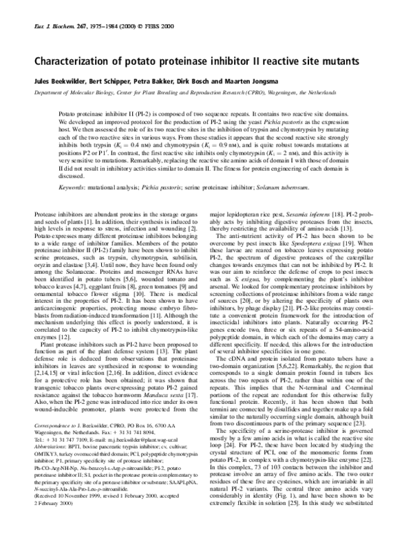 (PDF) Characterization of potato proteinase inhibitor II reactive site ...