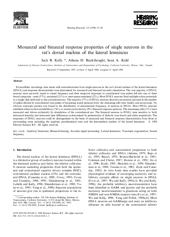 (PDF) Monaural and binaural response properties of single neurons in ...