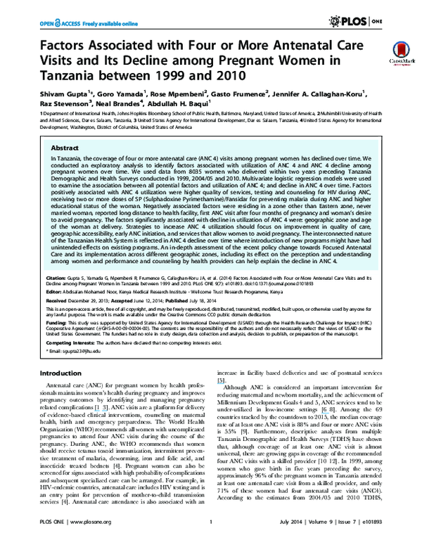 (PDF) Factors Associated with Four or More Antenatal Care Visits and ...