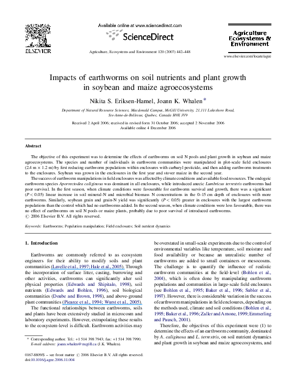(PDF) Impacts of earthworms on soil nutrients and plant growth in ...