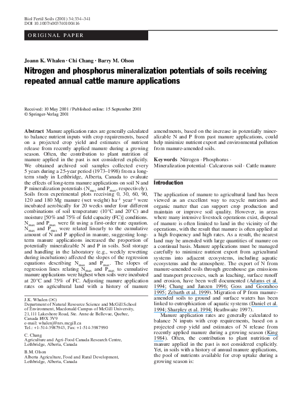 (PDF) Nitrogen and phosphorus mineralization potentials of soils ...