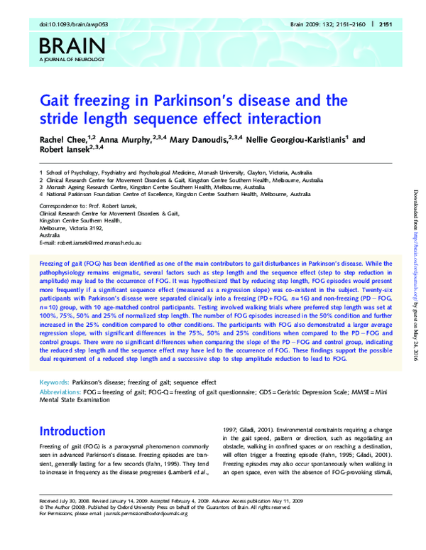 (PDF) Gait freezing in Parkinson's disease and the stride length ...