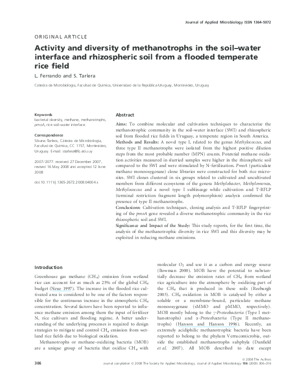 (PDF) Activity and diversity of methanotrophs in the soil-water ...