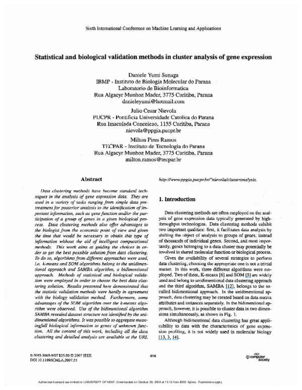 (PDF) Statistical and Biological Validation Methods in Cluster Analysis ...