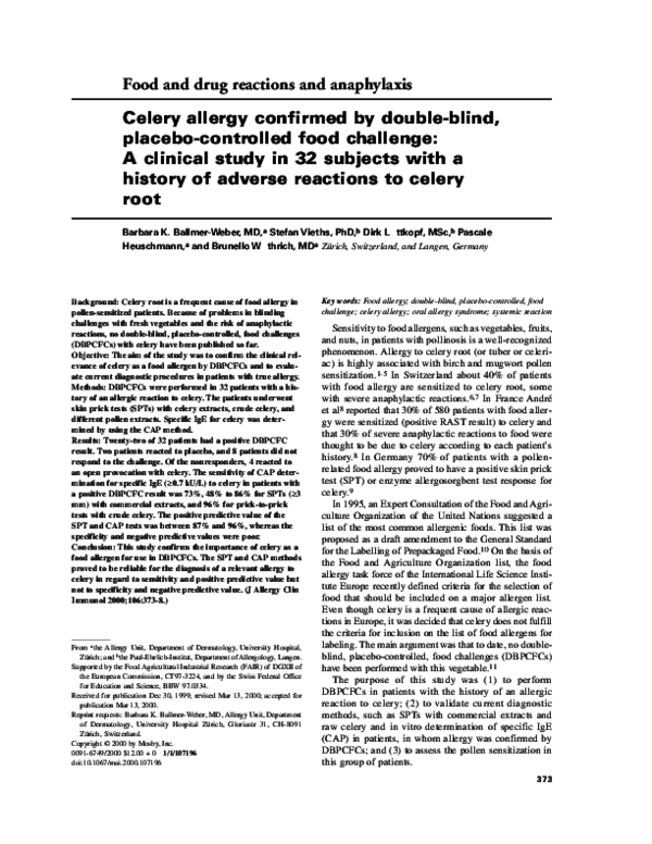 (PDF) Celery allergy confirmed by doubleblind, placebocontrolled food