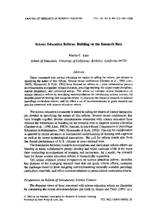 (PDF) Science education reform Building on the research base marcia