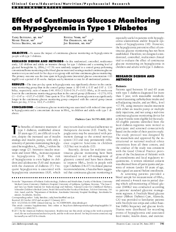 (PDF) Effect of Continuous Glucose Monitoring on Hypoglycemia in Type 1 ...