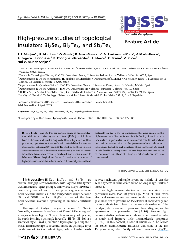 (PDF) High-pressure studies of topological insulators Bi 2 Se 3 , Bi 2 ...