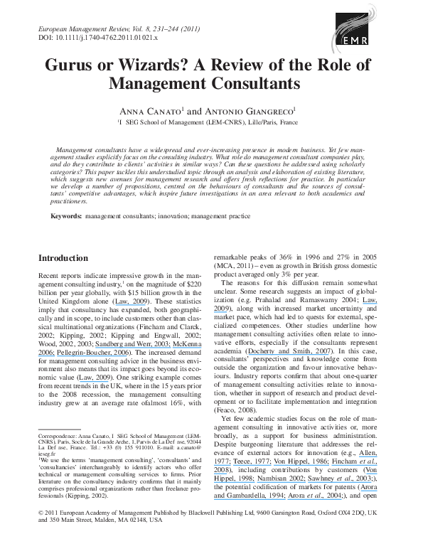 (PDF) Gurus or Wizards? A Review of the Role of Management Consultants
