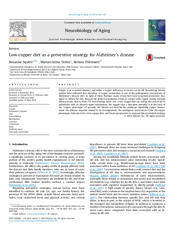 (PDF) Lowcopper diet as a preventive strategy for Alzheimer’s disease Renato Polimanti
