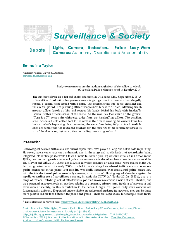 (PDF) Lights, Camera, Redaction... Police BodyWorn Cameras Autonomy