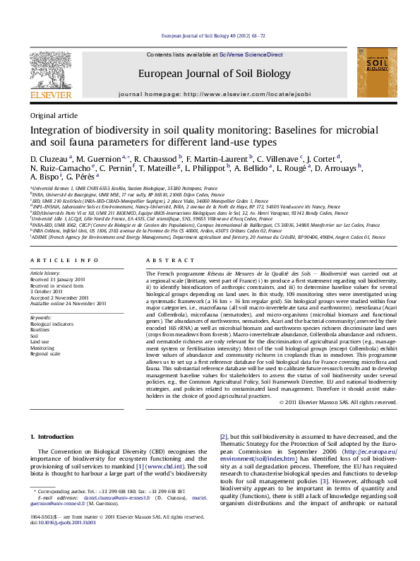 (PDF) Integration of biodiversity in soil quality monitoring: baselines ...
