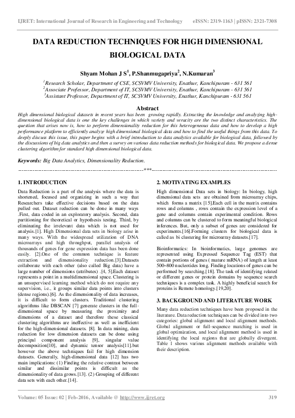 (PDF) DATA REDUCTION TECHNIQUES FOR HIGH DIMENSIONAL BIOLOGICAL DATA