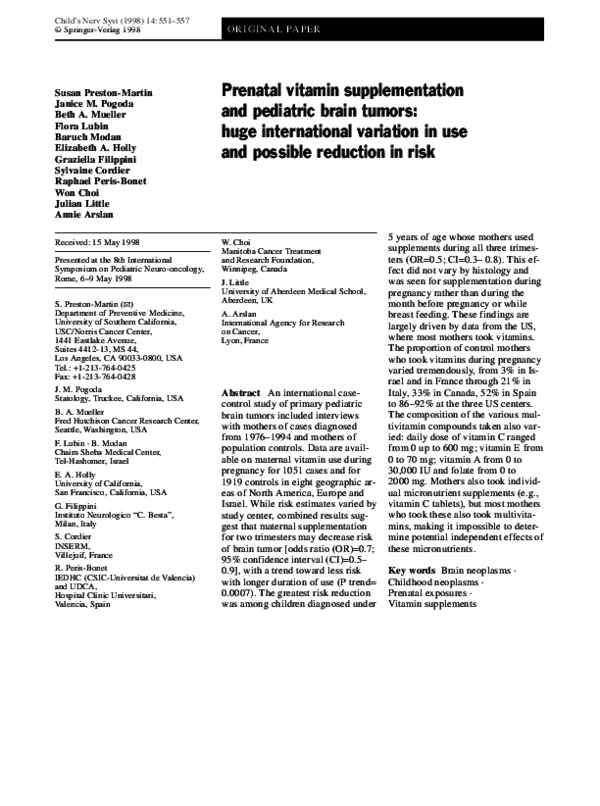 (PDF) Prenatal vitamin supplementation and pediatric brain tumors: huge ...