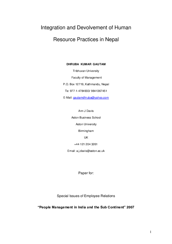 (PDF) Integration and devolvement of human resource practices in Nepal