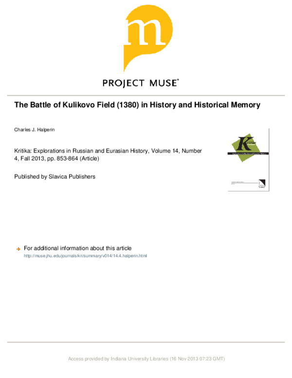 The Battle of Kulikovo Field (1380) in History and Historical Memory