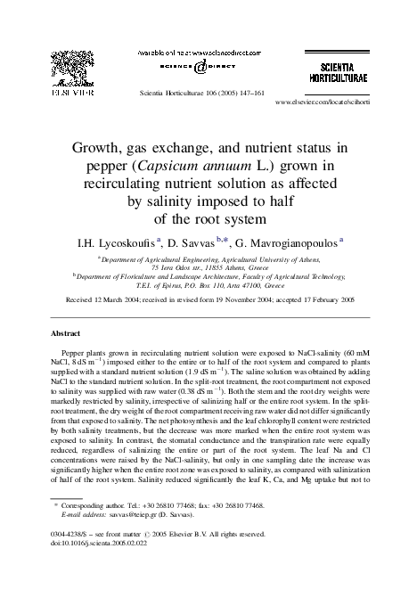 (PDF) Growth, gas exchange, and nutrient status in pepper ( Capsicum ...