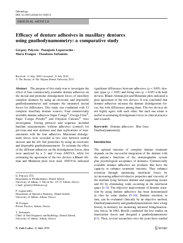 (PDF) Efficacy of denture adhesives in maxillary dentures using gnathodynamometry a comparative