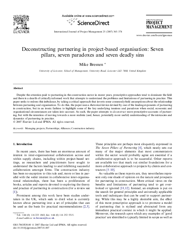 (PDF) Deconstructing partnering in projectbased organisation Seven