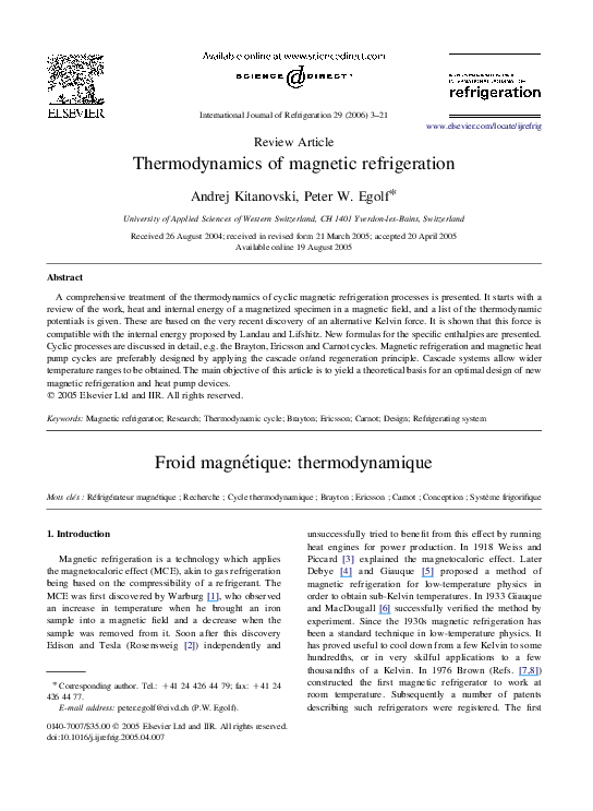 (PDF) Thermodynamics of refrigeration Peter Egolf Academia.edu