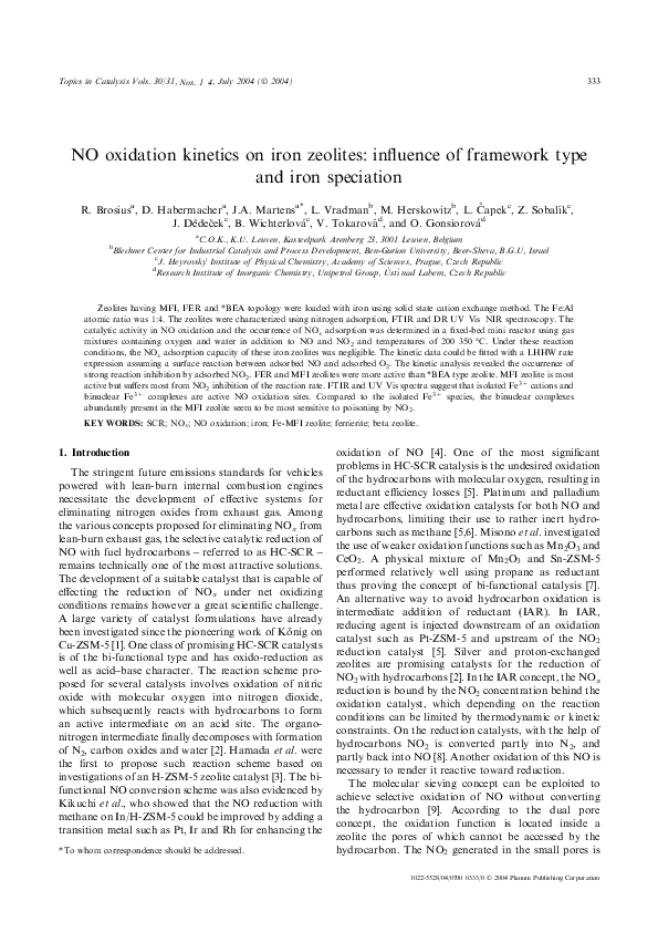 (PDF) NO Oxidation on Iron Zeolites Influence of Framework
